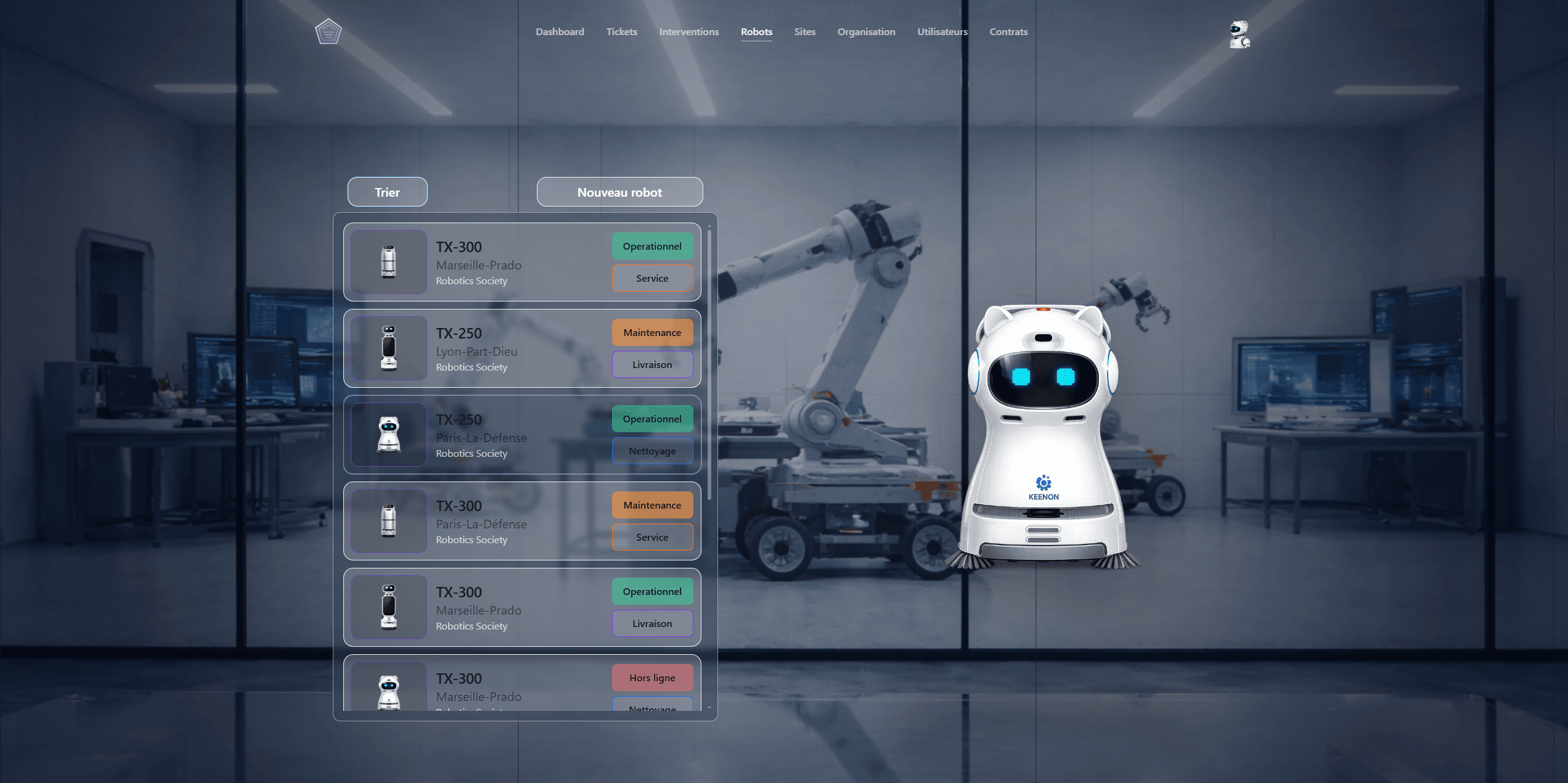 Vue robots et statuts opérationnels